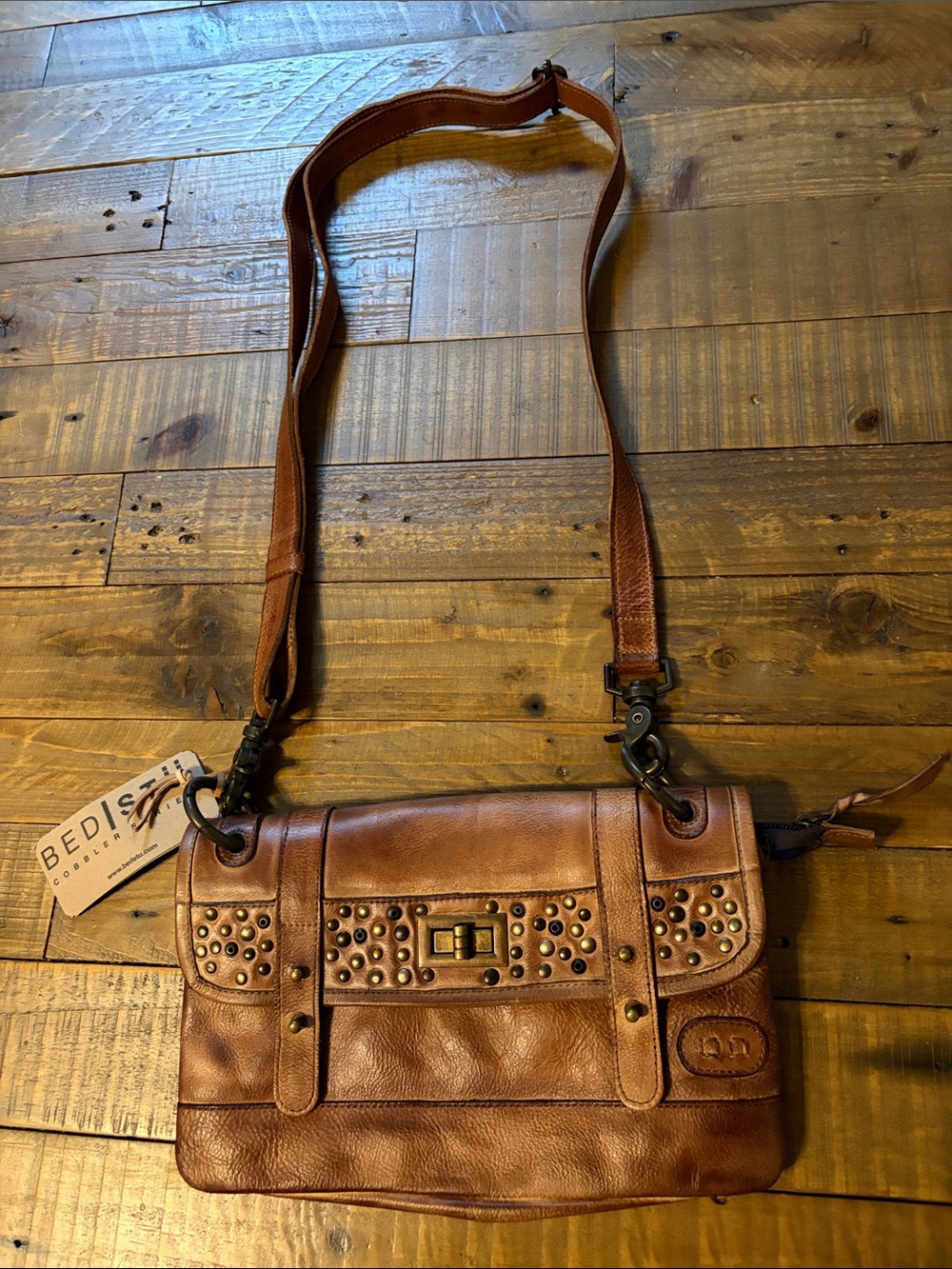 BED|STU Cognac Brown Studded Leather Messenger Bag brand new with tags